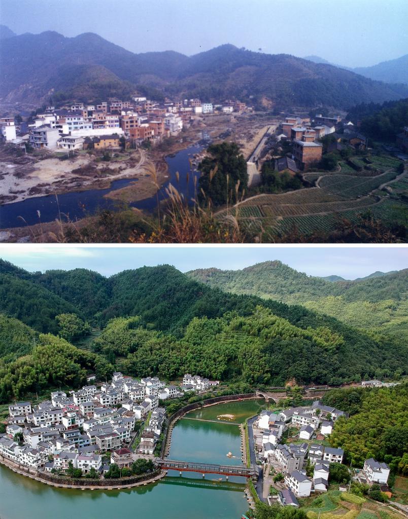 圖為浙江省杭州市淳安縣楓樹嶺鎮(zhèn)下姜村拼版圖，其中上圖為資料照片、下圖由新華社記者張鋮攝。